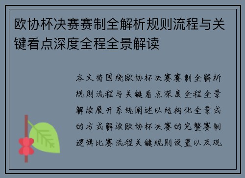 欧协杯决赛赛制全解析规则流程与关键看点深度全程全景解读